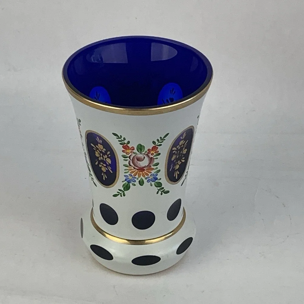 LAUSITZER GLAS Cobalt Blue Cut Crystal Vase Enameled Hand Painted Floral German